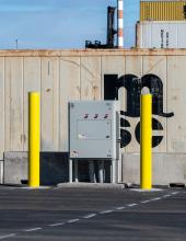 One of the newly installed refrigerated container plugs (reefer plugs) is seen at Terminal 5 in Seattle. The addition of the new plugs brings the total to over 1,500 at the terminal. Reefer plugs provide electrical power to refrigerated containers, maintaining optimal temperatures for perishable cargo while containers await vessel loading or inland transportation.
